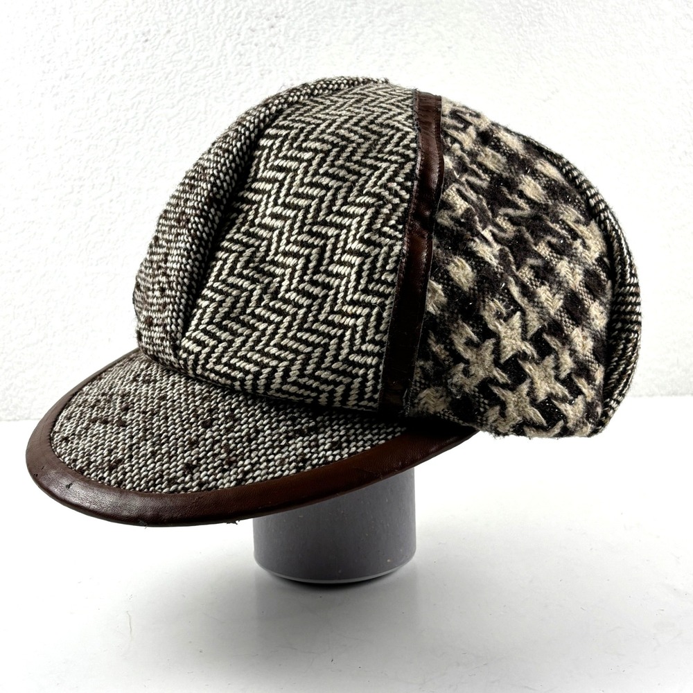 Jessica Simpson Newsboy Cap Women‎ OS Brown Herringbone Houndstooth Mixed Trim